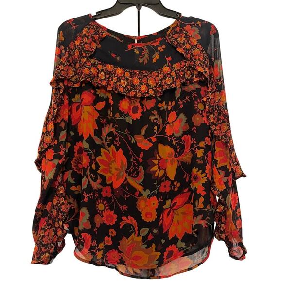 LOFT Women's Ruffle Black Orange Floral Gypsy Bohemian Y2K Style Top Size Small - Picture 1 of 10